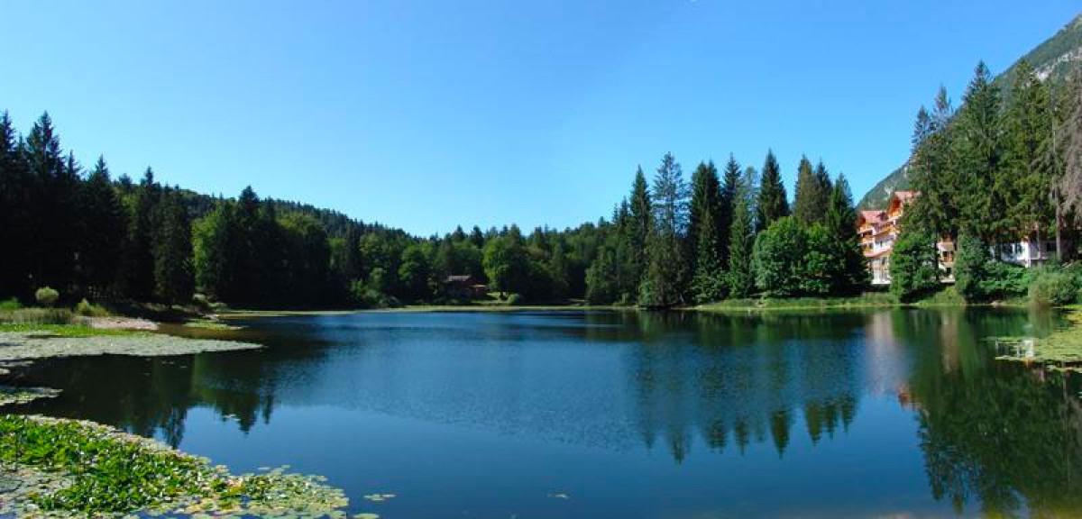 Lago di Cei a Villa Lagarina circondato da boschi autunnali e canneti